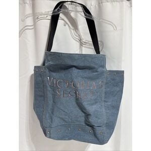 VICTORIAS SECRET Tote Purse Light Blue Denim‎ Black Handle Shoulder Bag 19"x14"